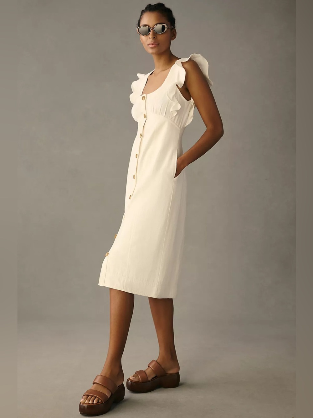 Anthropologie Pilcro Scoop Neck Ruffle Sleeve  Midi Dress White Size 10